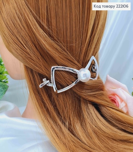 Заколка металл, "Бантик" с жемчужиной, серебряного цвета, 9см 222106 фото 1