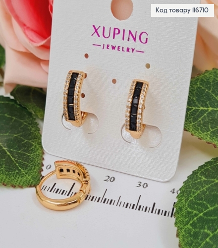 Серьги кольца, с черными камешками, диаметр 1,5см, Xuping 18K 116710 фото 2