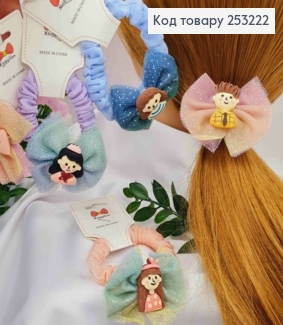 Резинка дитяча, жатка фатинова, з ЛЯЛЬКАМИ та БАНТИКОМ (6*5,5см), діаметр 6см, кольори в асортименті 253222 фото