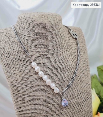 Підвіска на шию, комбінована, з підвіскою камінцем та перлинками, та емблемою "Фешн", довж. 45+5см 236361 фото 1