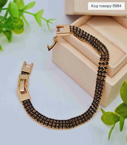 Браслет из черных камней в три ряда, ширина 0,7 см, длина 17+2см, Xuping 18K. 151184 фото 1