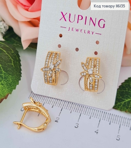 Серьги, пластинки в камешках с Бабкой, 1,5см, англ. застежка, Xuping 18К 116135 фото 1