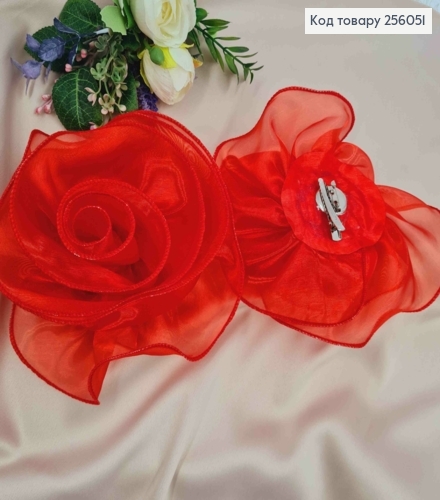 Брошь-заколка, объемная роза КРАСНОГО цвета, 16см, ткань органза кристаллин, ручная работа 256051 фото 2