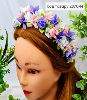 Обруч-венчик, плетеный, Розы с Лилией, БЕЛО-РОЖЕВО-ФИОЛЕТОВОГО цвета, ручная работа, Украина. 287044 фото