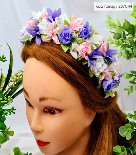 Обруч-віночок, плетений,  Троянди з Лілією, БІЛО-РОЖЕВО-ФІОЛЕТОВОГО кольору, ручна робота, Україна 287044 фото 1