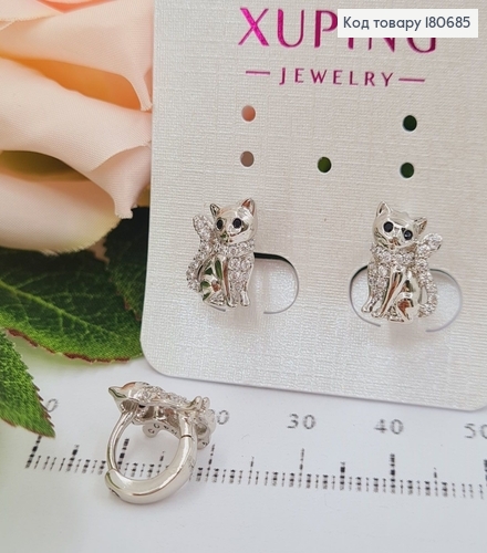 Сережки родированые кольца Кошка с камнями, 1*0,8см, Xuping 180685 фото 1