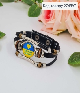 Браслет шкіряний, чорного кольору з написом УКРАЇНА, з металевими шайбочками, на закльопках 274241 фото