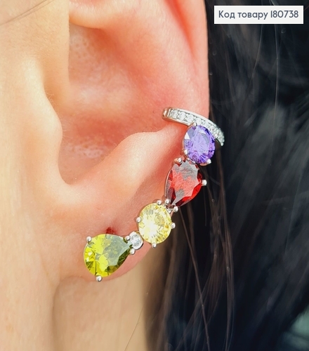 Сережки родированые гвоздики-кафы с цветными камнями, 2,5*0,5см, Xuping 180738 фото 1