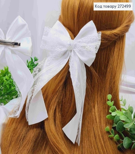 Бант БЕЛОГО цвета с Бусинкой, на заколке 6,5см, ткань атлас + кружево, 13*21см, ручная работа 272499 фото 1