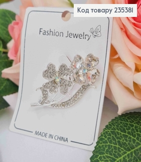 Брошь, "Нежные Цветки" украшена Блестящими камешками, 5см, Серебряного цвета 235381 фото