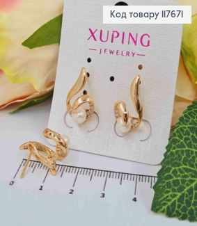 Серьги -гвоздики "Тайна" с блестящими камешками и жемчужиной, 1,8см, Xuping 18К 117671 фото