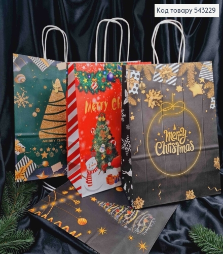 Пакет крафтовый Новогодний "Merry Christmas" в ассортименте, 33*26*12см 543229 фото 1