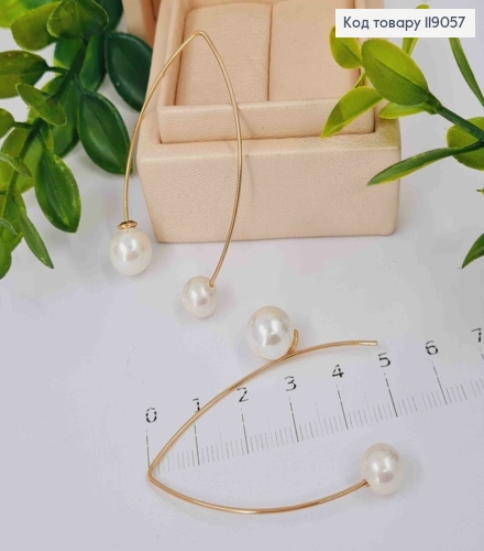 Серьги гвоздики-протяжки с двумя жемчужинами разного размера, длина 4,9см, Xuping 18К. 119057 фото 2