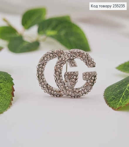 Брошь металл, серебряного цвета, "Гуччи" в камешках, 3см 235235 фото 1