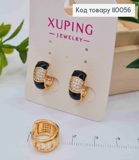 Сережки кільця прикрашені Блискучими камінцями та Чорною емаллю, діаметр 1,3см,  Xuping 18K 110056 фото