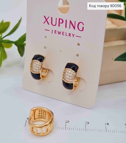 Серьги кольца украшены Блестящими камешками и Черной эмалью, диаметр 1,3см, Xuping 18K 110056 фото 1
