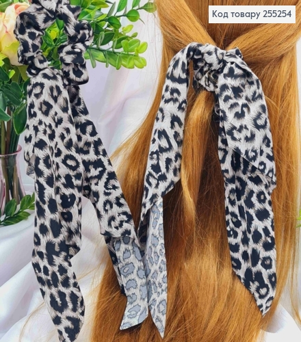 Резинка (7см), бант-Твіллі, ЛЕОПАРДовий принт з Сірим відтінком, довжина 27см 255254 фото 1