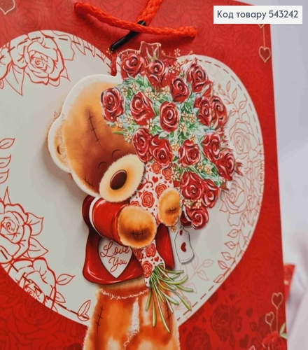 Пакет бумажный с 3D наклейкой "Медвежонок с Цветами" "Love You", 23*18*10см, в ассортименте 543242 фото 2