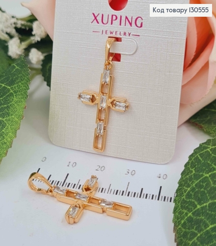 Крестик из прямоугольных деталей, с камешками, 2,5*1,7см, Xuping 18K 130555 фото 1
