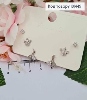 Набір сережок родованих (3п), Вишні і Корона в камінцях, та просто з камінчиком, Xuping 181449 фото