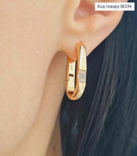 Серьги, прямоугольные пластинки с квадратной вставочкой с камешками, 2см, англ. зам. Xuping 18K 116234 фото 1