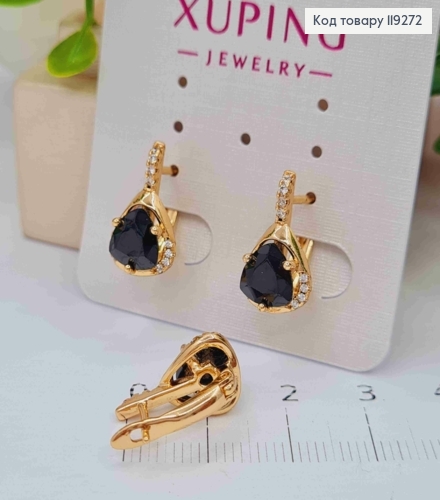 Сережки "Магічні" з Чорним каменем, довжина 1,6см, англійська застібка, Xuping 18K 119272 фото 1