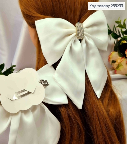 Бант с камешками, БЕЛЫЙ, атласный, на заколке автоматик, размер 16*16см. 255233 фото 2