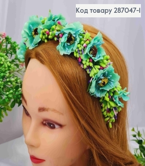 Обруч - венчик маки ЗЕЛЕНОГО цвета с Зеленым приложением, основа - металл, ручная работа, Украина. 287047-1 фото