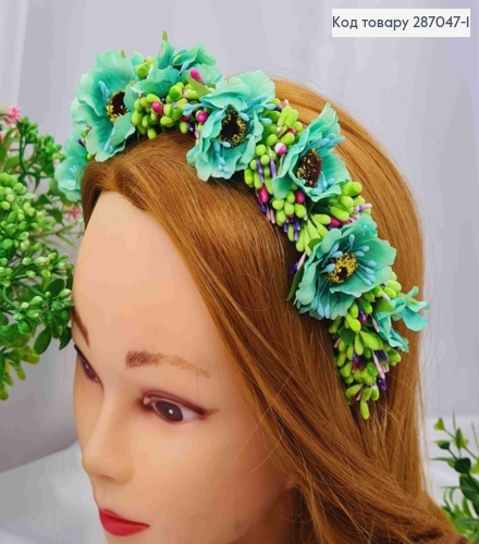 Обруч - венчик маки ЗЕЛЕНОГО цвета с Зеленым приложением, основа - металл, ручная работа, Украина. 287047-1 фото 1