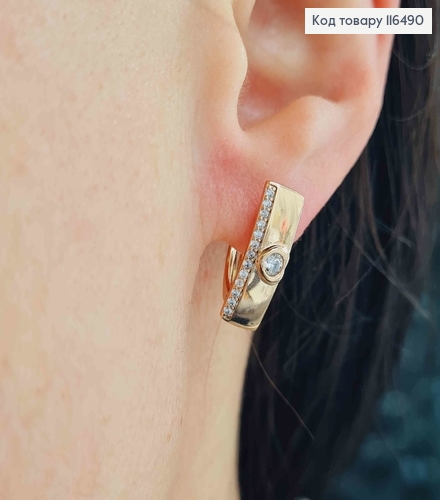 Серьги пластинки, с линией камешков и круглым камешком в оправе, 1,7см, англ. зам. Xuping 18K 116490 фото 2