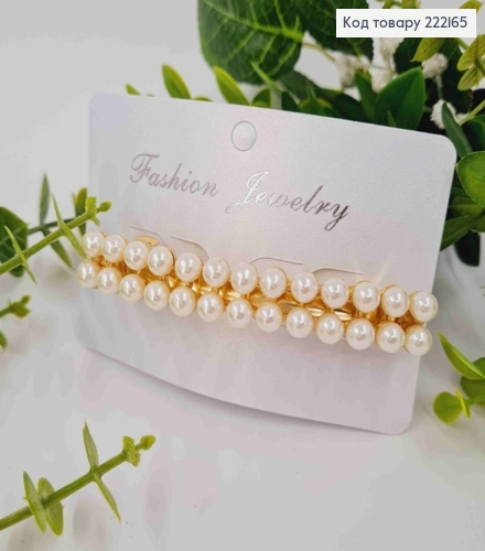 Заколка автоматик Прямоугольная с жемчужками в два ряда, 8см, Золотого цвета. 222165 фото 2