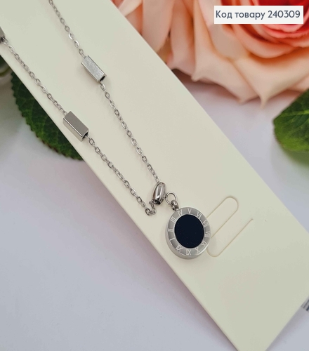 Цепочка серебряного цвета, с подвеской Римские часы и квадратиками, 40+5см, сталь Stainless Steel 240309 фото 1