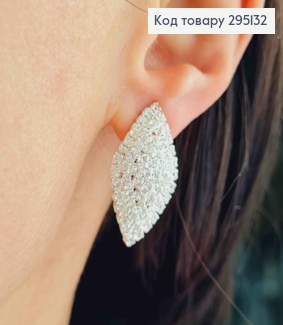 Вечірні-Весільні сережки гвіздки, "Листочки" прикрашені Блискучими камінцями, 2,7см, Срібног кольору 295132 фото