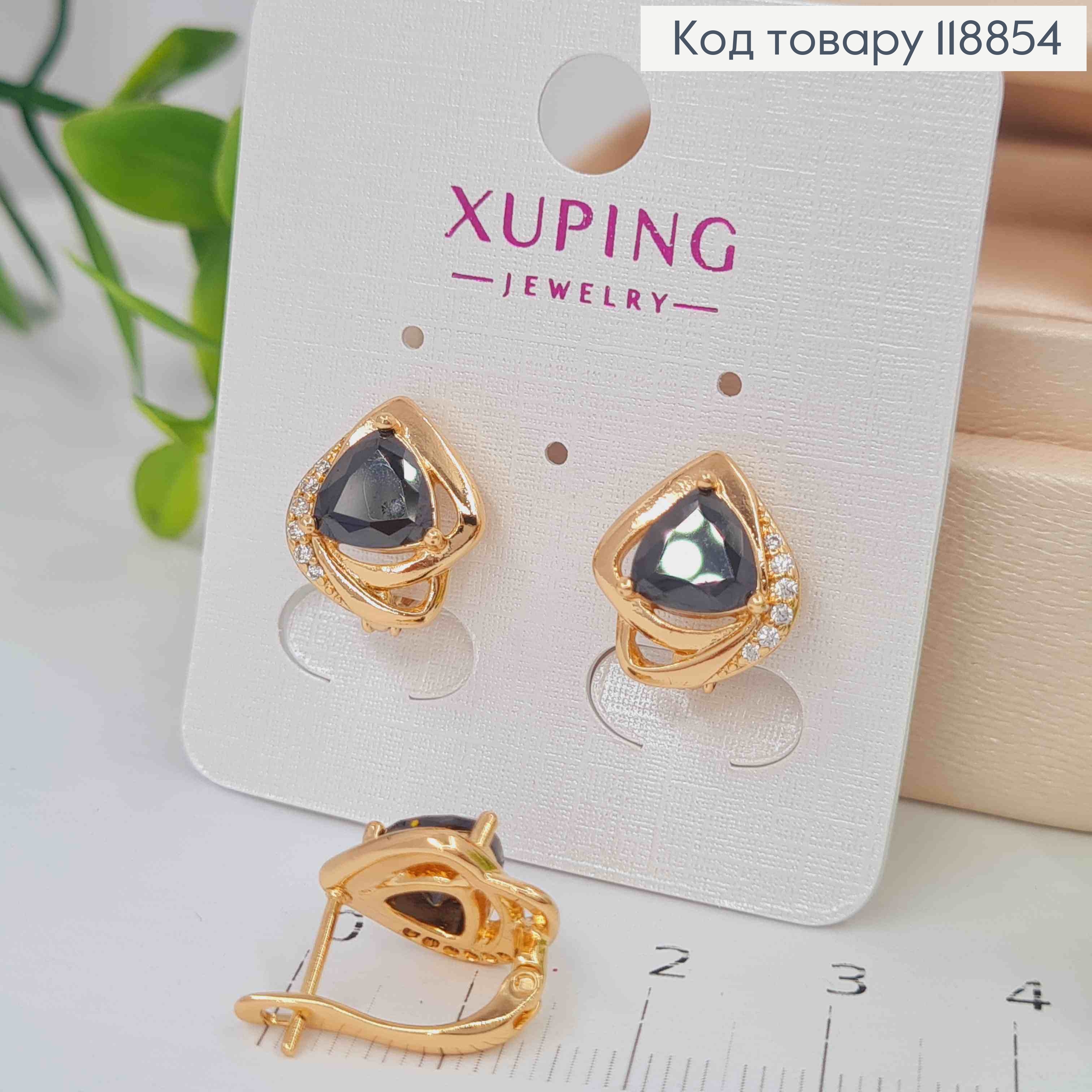 Серьги "Космическая Капелька" с Черным камнем, 1,4см, английская застежка, Xuping 18К 118854 фото 2