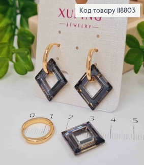 Сережки кільця з Квадратним підвісним Чорним каменем Сваровскі (2см),  діаметр 1,5см, Xuping 18К 118803 фото