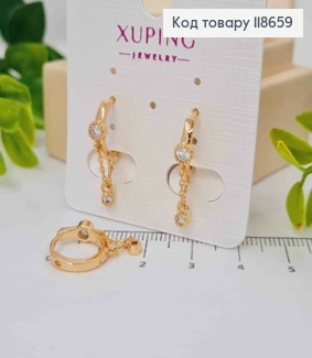 Серьги кольца с цепочкой и блестящими камешками, диаметр 1,3см, Xuping 18К. 118659 фото