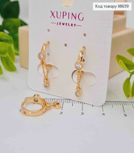 Серьги кольца с цепочкой и блестящими камешками, диаметр 1,3см, Xuping 18К. 118659 фото 1