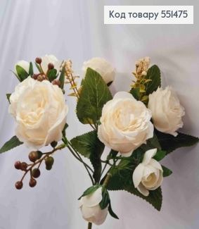 Искусственная композиция Пионовидные Розы, цвета АИВОРИ, 5 веточек на металлическом стержне, высота 30см 551475 фото