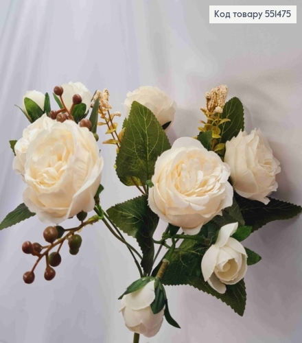 Искусственная композиция Пионовидные Розы, цвета АИВОРИ, 5 веточек на металлическом стержне, высота 30см 551475 фото 1