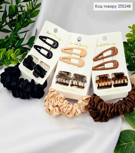 Набор: заколка Тик-Так (2шт/5см), Краб (2шт/2,8см), Резинка-Жатка(2шт/7см), Цвета в ассортименте 255248 фото 1