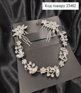 Гребінь-віночок у волосся, срібного кольору, Цвіт вишні з камінцями 234112 фото