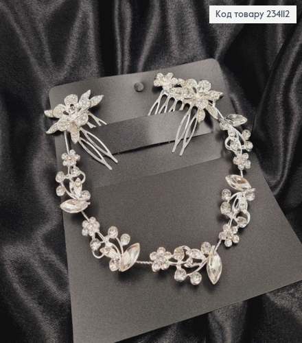 Гребінь-віночок у волосся, срібного кольору, Цвіт вишні з камінцями 234112 фото 1