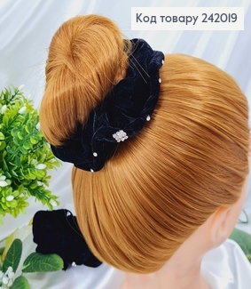 Резинка велюр об'ємна з камінцями чорна 242019 фото