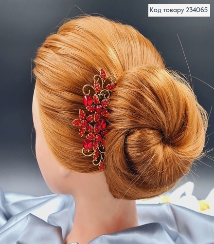 Гребень в волосы "Цветочек" под золото, в камнях рубинового цвета 10см. 234065 фото 1