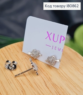 Сережки родированые гвоздики Сердце с камнями, 0,8см, Xuping 180862 фото