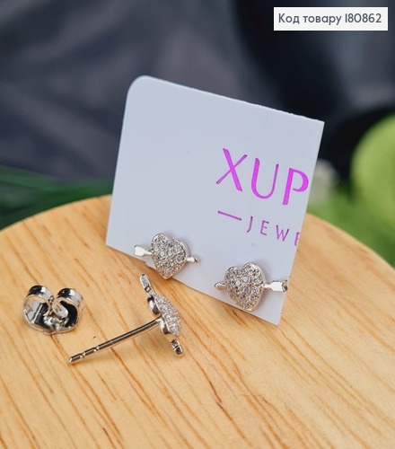 Сережки родированые гвоздики Сердце с камнями, 0,8см, Xuping 180862 фото 1