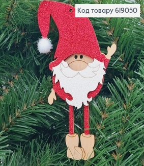 Игрушка на елку деревянная Домовичок с красным блеском 15*8 см. 619050 фото