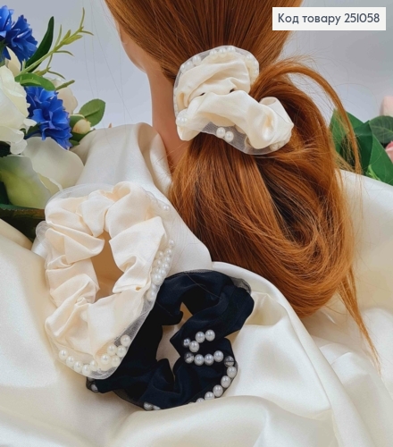 Резинка атласная, 11см, по периметру бусинки, перекатывающиеся в сеточке (молочная/черная) в ассорт. 251058 фото 1