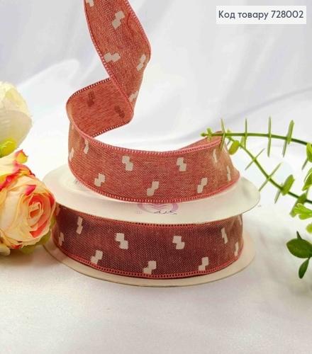 Лента тканевая ГРУЗНО-КРАСНАЯ с принтом КВАДРАТИК, ширина 2,5см, длина 20 ярдов (18м) 728002 фото 1