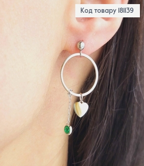 Сережки гвоздики родовані, підвіски кола з ланцюжками та сердечком, з зеленим камінцем, Xuping 181139 фото